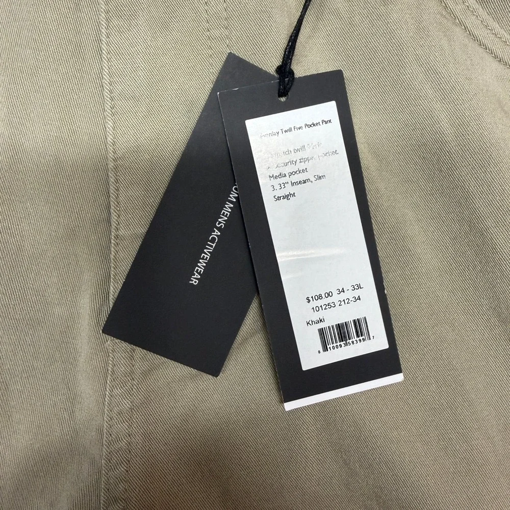 Rhone Everyday Twill Five Pocket Pant NWT Mens 34x32 Khaki Slim Straight